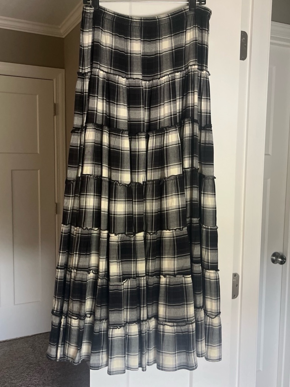 Denim & Supply Ralph Lauren Black and White Plaid Tiered Maxi Skirt Size Large